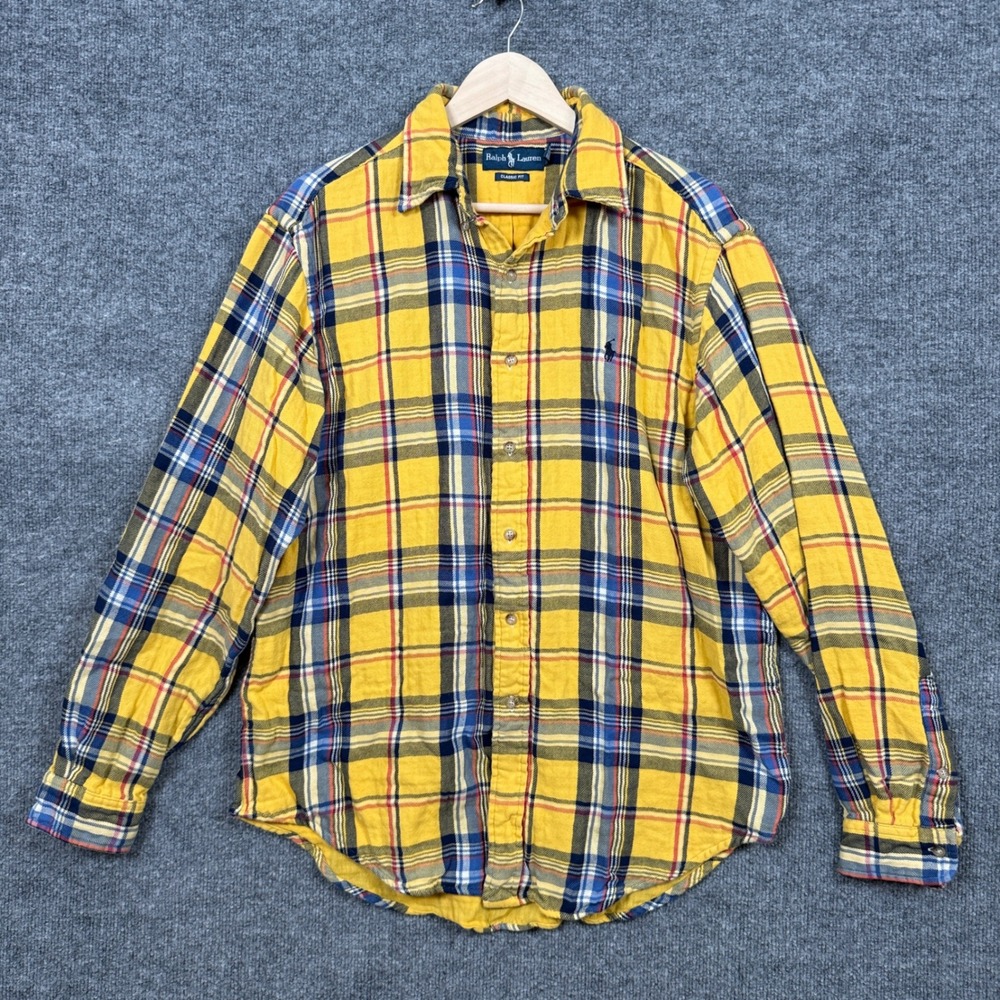 Ralph Lauren Mens Size Large Shirt Yellow Blue Plaid Cotton Classic Fit Pony